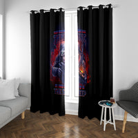 Black window curtain panels with multicolor character print, draped to floor