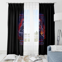Black window curtain panels with multicolor graphic motif, centered on window