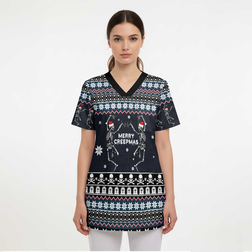 Skeleton Merry Creepmas Christmas Scrub Top Xmas Holiday Patterns - Wonder Print Shop