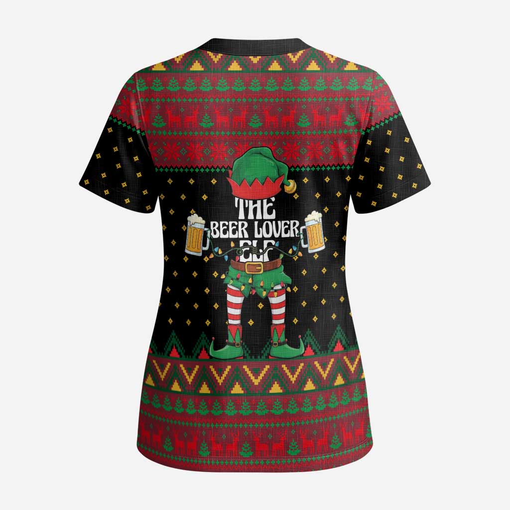The Beer Lover Elf Christmas Scrub Top Xmas Holiday Patterns - Wonder Print Shop