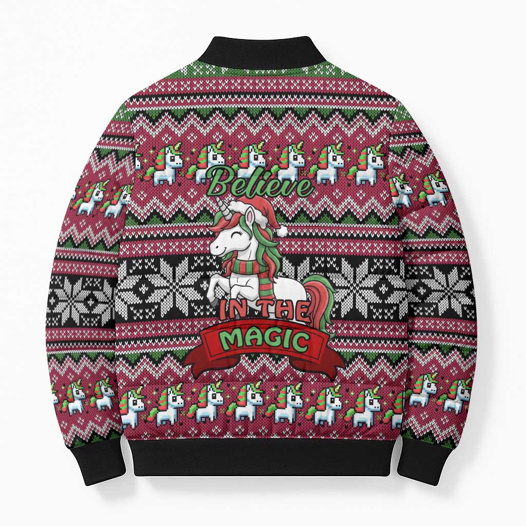 Unicorn Believe In The Magic Christmas Bomber Puffer Jacket Xmas Holiday Patterns - Wonder Print Shop