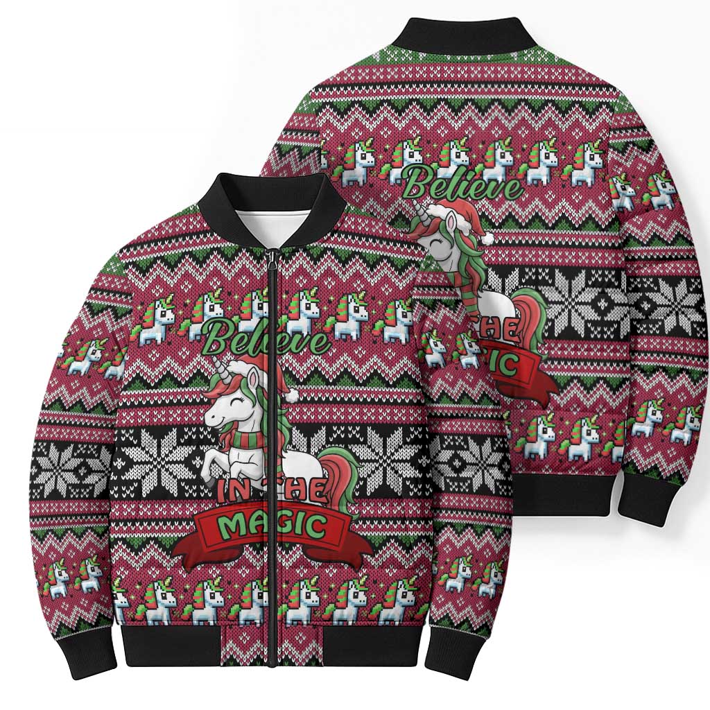 Unicorn Believe In The Magic Christmas Bomber Puffer Jacket Xmas Holiday Patterns - Wonder Print Shop