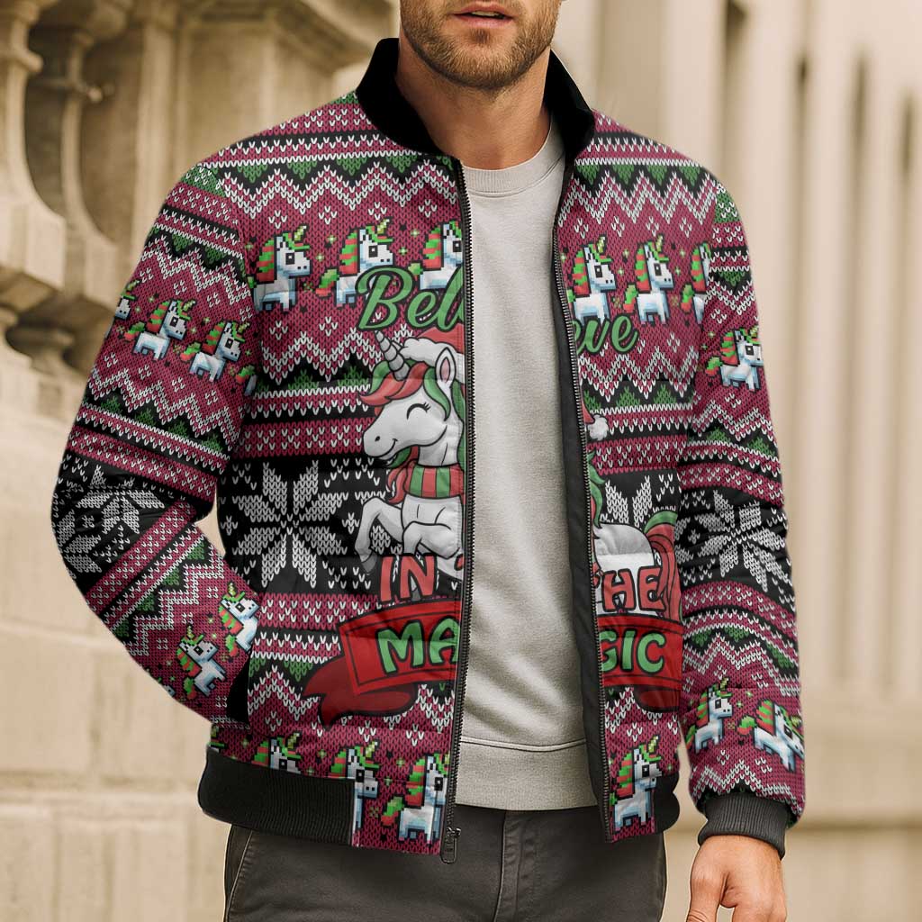 Unicorn Believe In The Magic Christmas Bomber Puffer Jacket Xmas Holiday Patterns - Wonder Print Shop