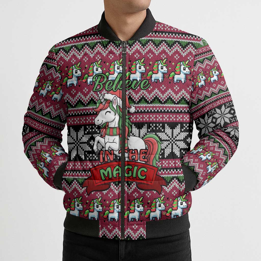 Unicorn Believe In The Magic Christmas Bomber Puffer Jacket Xmas Holiday Patterns - Wonder Print Shop