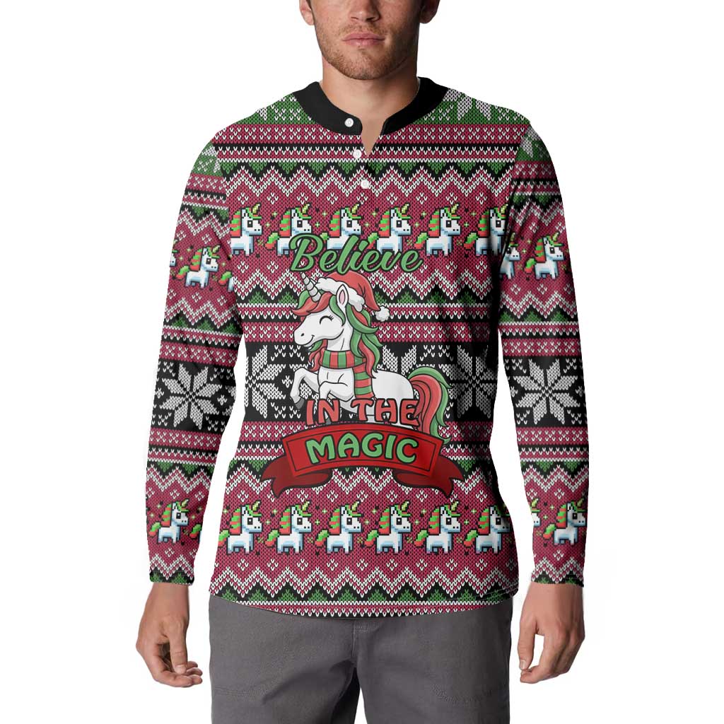 Unicorn Believe In The Magic Christmas Button Sweatshirt Xmas Holiday Patterns - Wonder Print Shop
