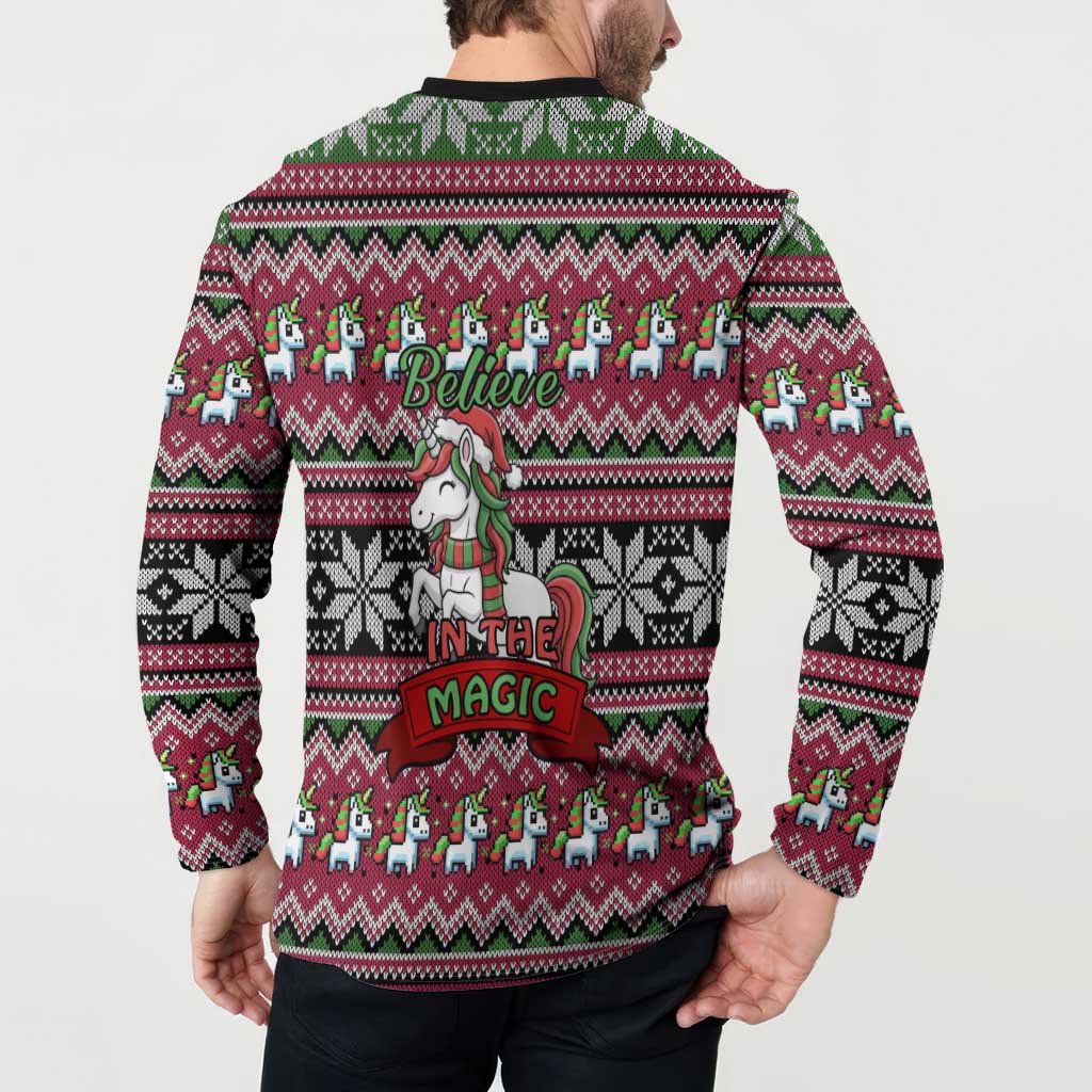 Unicorn Believe In The Magic Christmas Button Sweatshirt Xmas Holiday Patterns - Wonder Print Shop