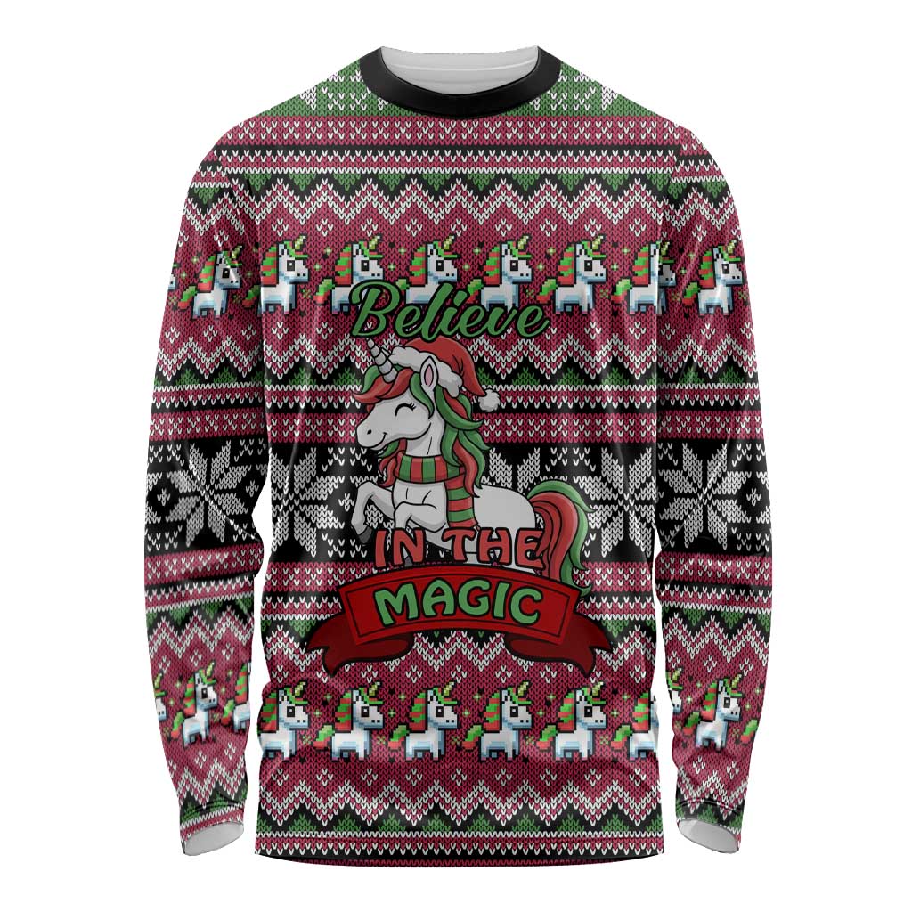 Unicorn Believe In The Magic Christmas Long Sleeve Shirt Xmas Holiday Patterns - Wonder Print Shop