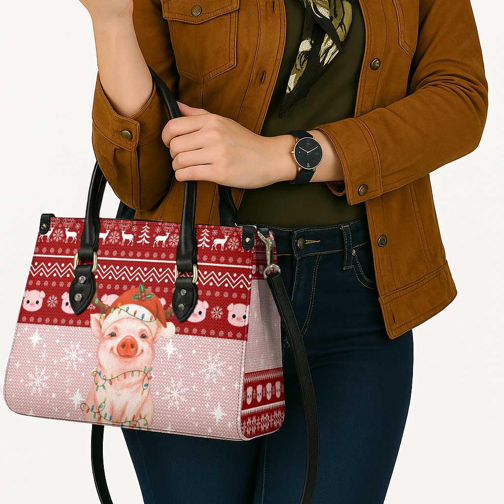 Lovely Pig Merry Christmas Leather Bag Xmas Holiday Patterns - Wonder Print Shop