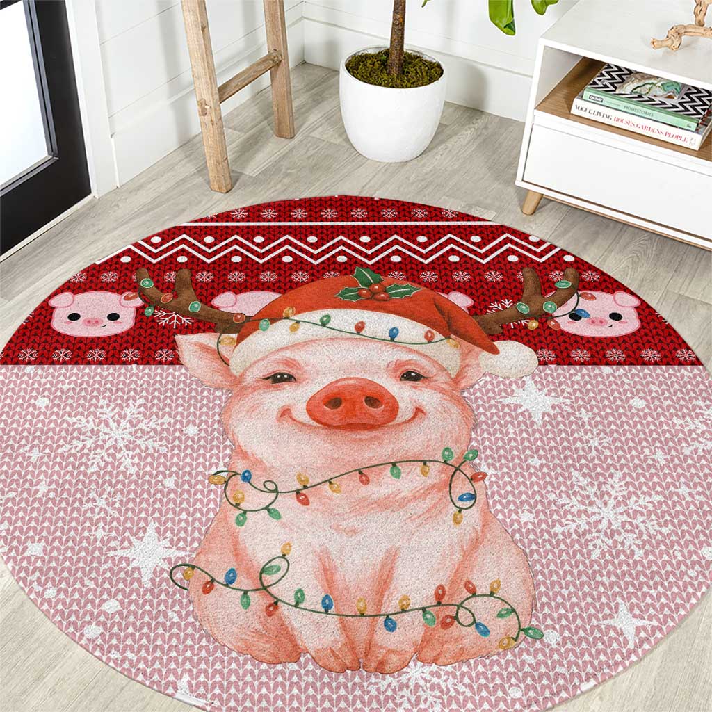 Lovely Pig Merry Christmas Round Carpet Xmas Holiday Patterns - Wonder Print Shop
