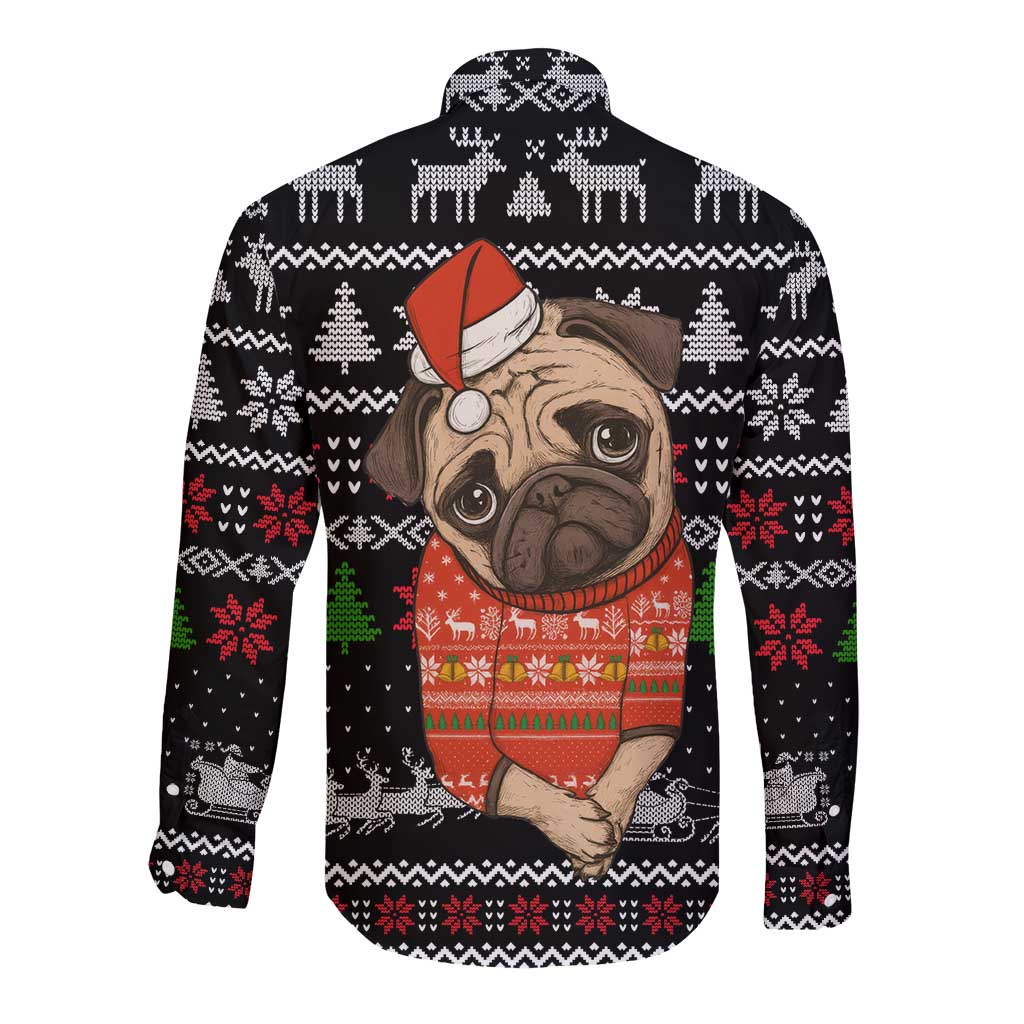 Lovely Pug Dog Christmas Long Sleeve Button Shirt Xmas Holiday Patterns - Wonder Print Shop