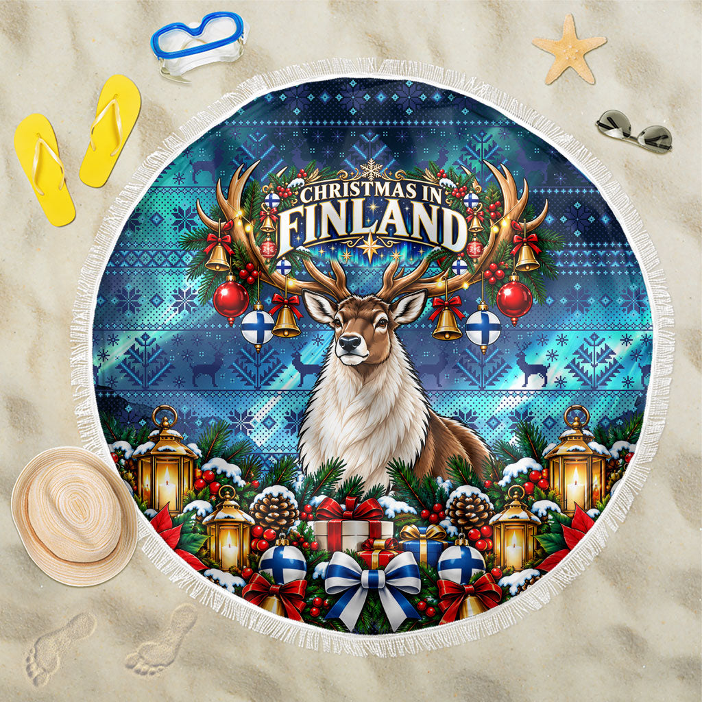 Christmas In Finland Beach Blanket Nordic Winter Fair Isle - Magic Of The North Reindeer