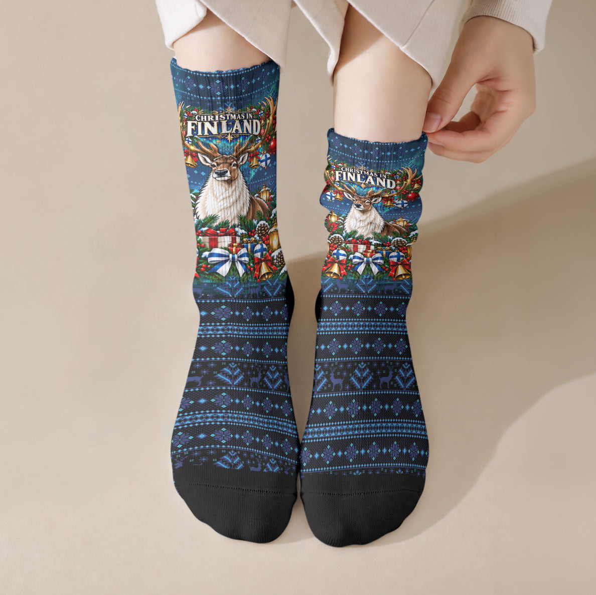 Christmas In Finland Crew Socks Nordic Winter Fair Isle - Magic Of The North Reindeer
