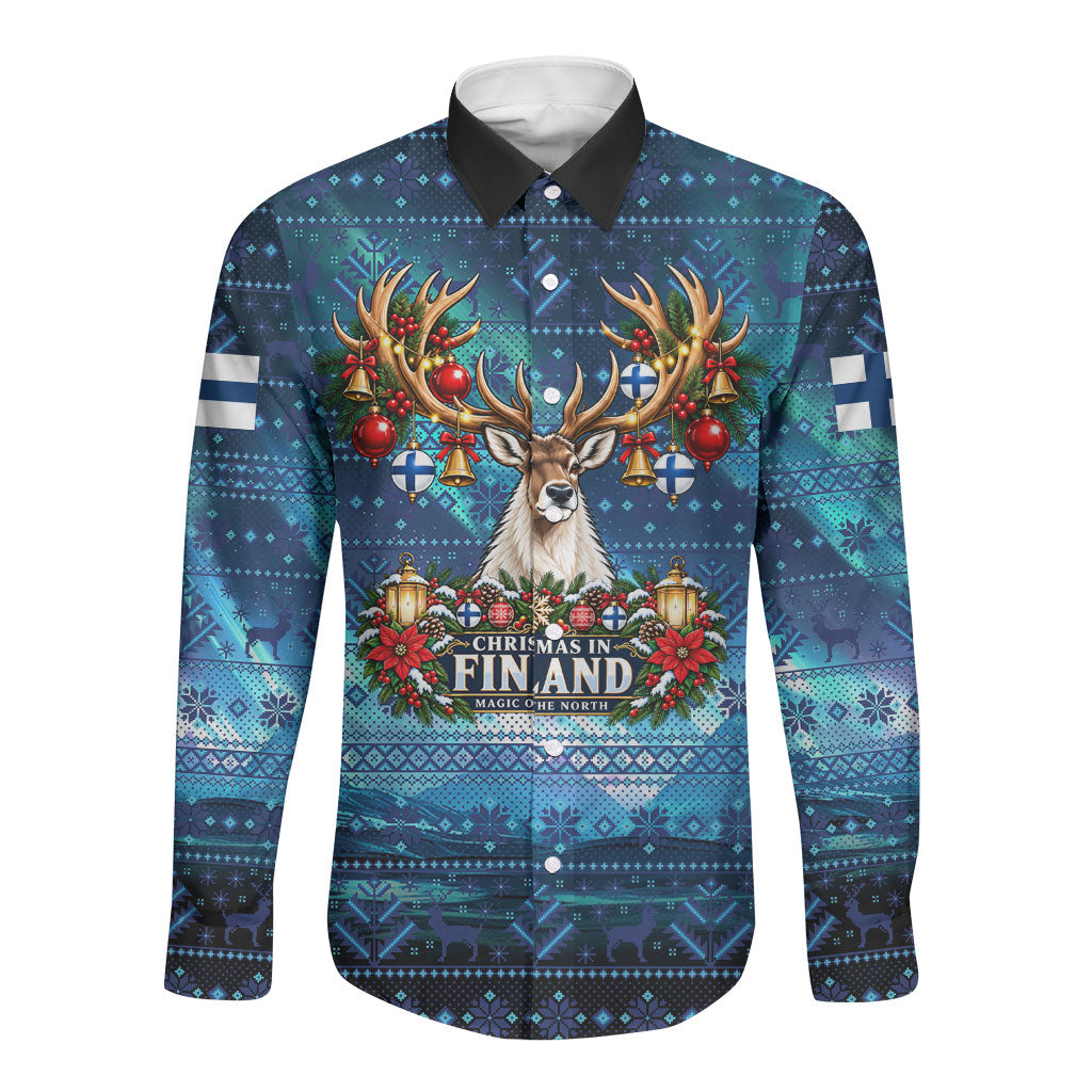 Christmas In Finland Long Sleeve Button Shirt Nordic Winter Fair Isle - Magic Of The North Reindeer