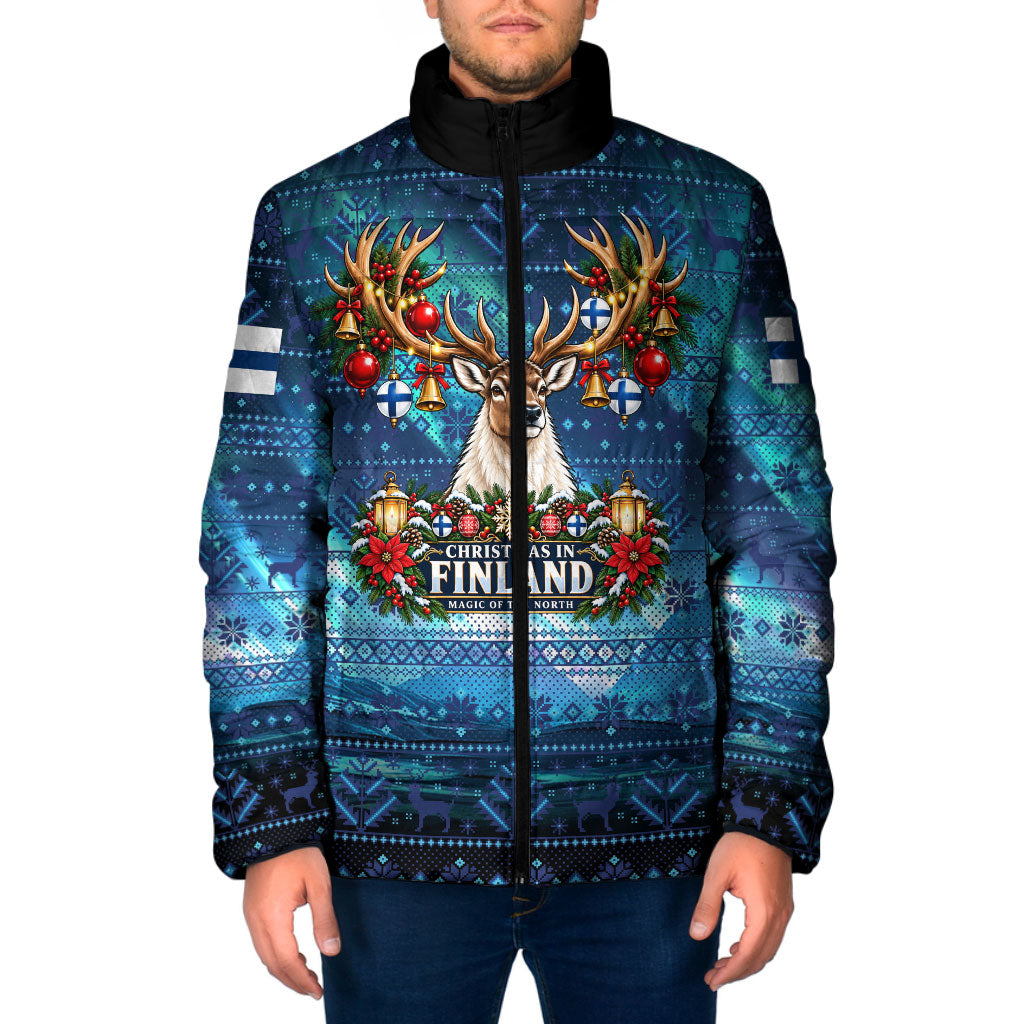 Christmas In Finland Padded Jacket Nordic Winter Fair Isle - Magic Of The North Reindeer
