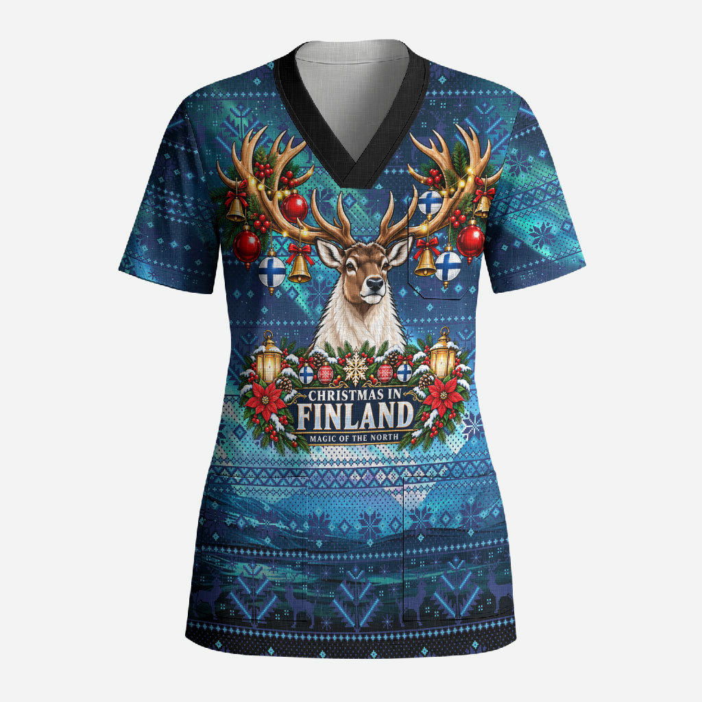 Christmas In Finland Scrub Top Nordic Winter Fair Isle - Magic Of The North Reindeer