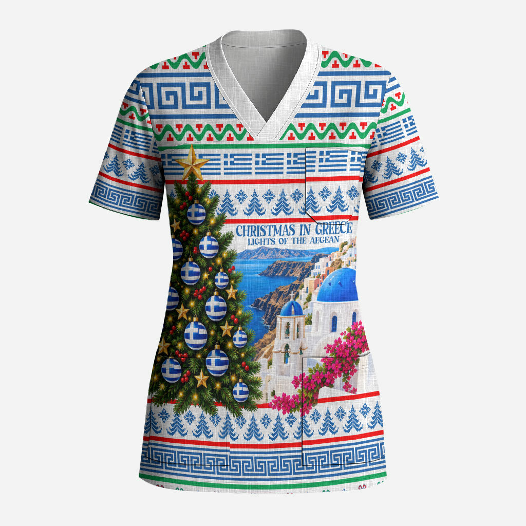 Christmas In Greece Scrub Top Lights Of The Aegean Sea Greek Cross