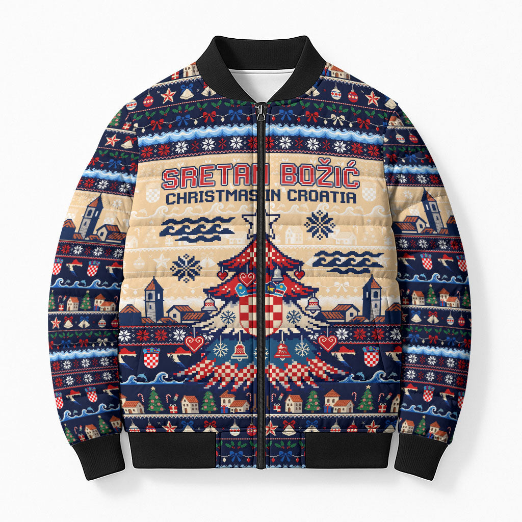 Sretan Bozic Christmas In Croatia Bomber Puffer Jacket Croatia Map Coat Of Arms