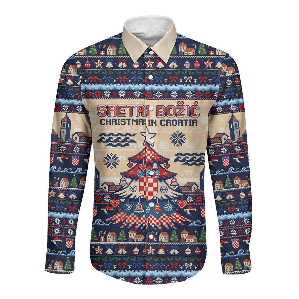 Sretan Bozic Christmas In Croatia Long Sleeve Button Shirt Croatia Map Coat Of Arms
