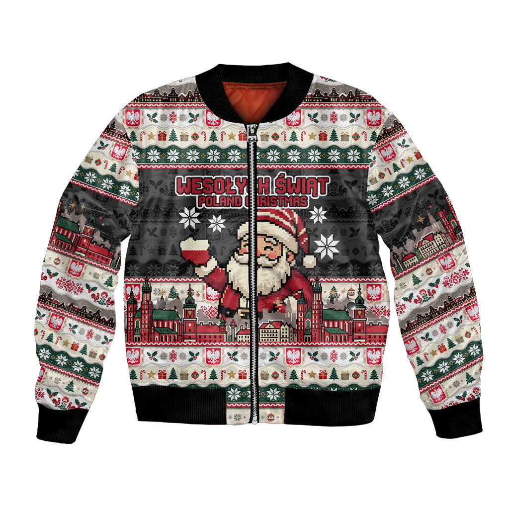 Wesolych Swiat Poland Christmas Bomber Jacket Polish Eagle Crest Santa Claus
