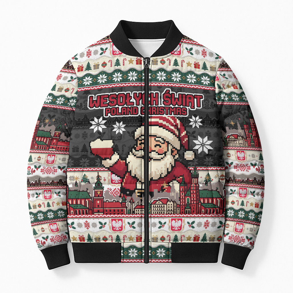 Wesolych Swiat Poland Christmas Bomber Puffer Jacket Polish Eagle Crest Santa Claus