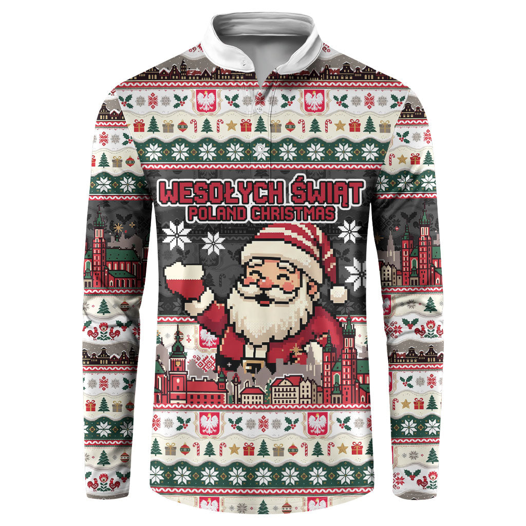 Wesolych Swiat Poland Christmas Button Sweatshirt Polish Eagle Crest Santa Claus
