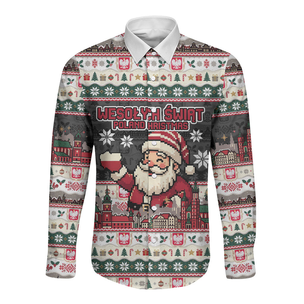 Wesolych Swiat Poland Christmas Long Sleeve Button Shirt Polish Eagle Crest Santa Claus
