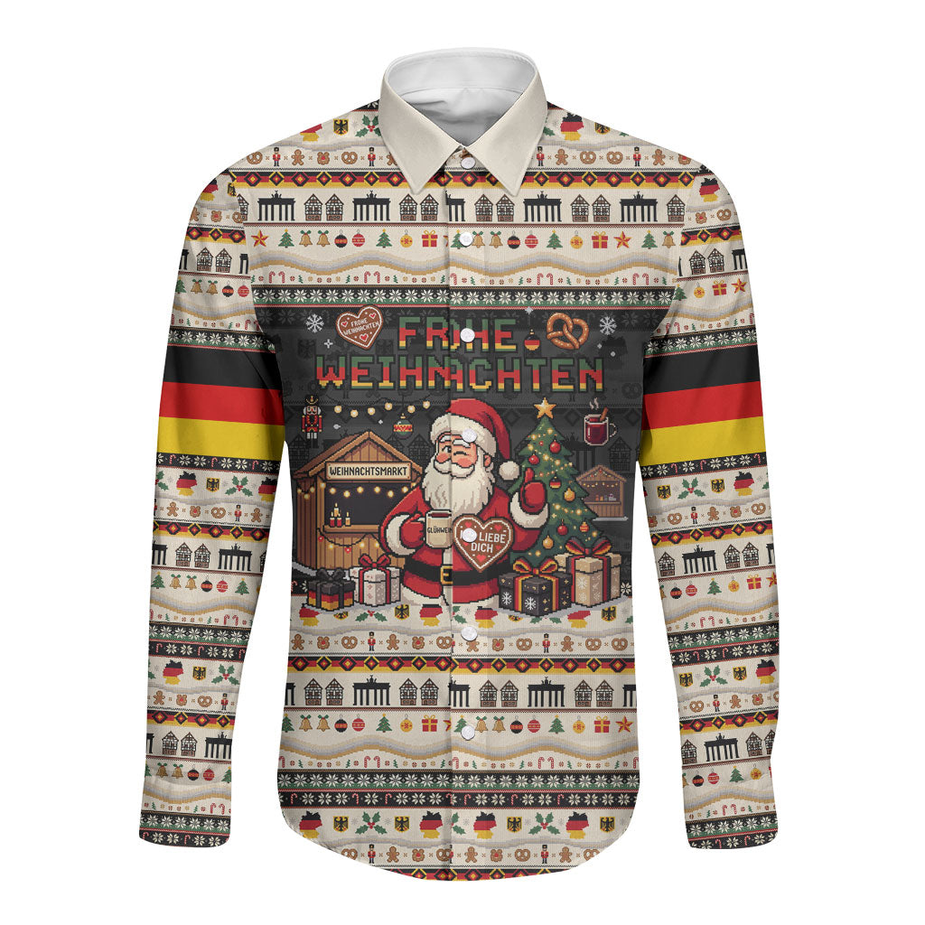 Germany Christmas Frohe Weihnachten Long Sleeve Button Shirt Vintage German Flag Eagle Brandenburg Gate
