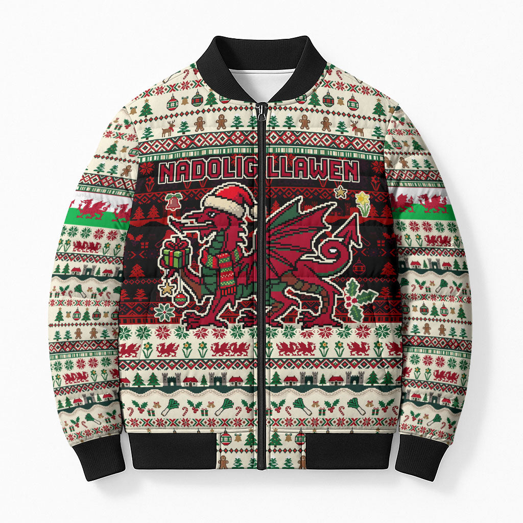 Wales Christmas Nadolig Llawen Bomber Puffer Jacket Welsh Dragon Flag Cymru Ugly Vintage