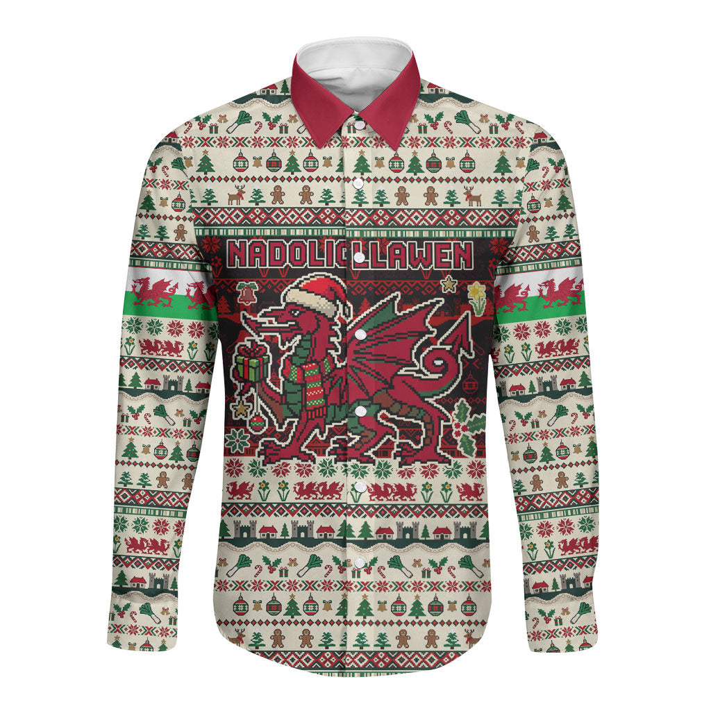 Wales Christmas Nadolig Llawen Long Sleeve Button Shirt Welsh Dragon Flag Cymru Ugly Vintage