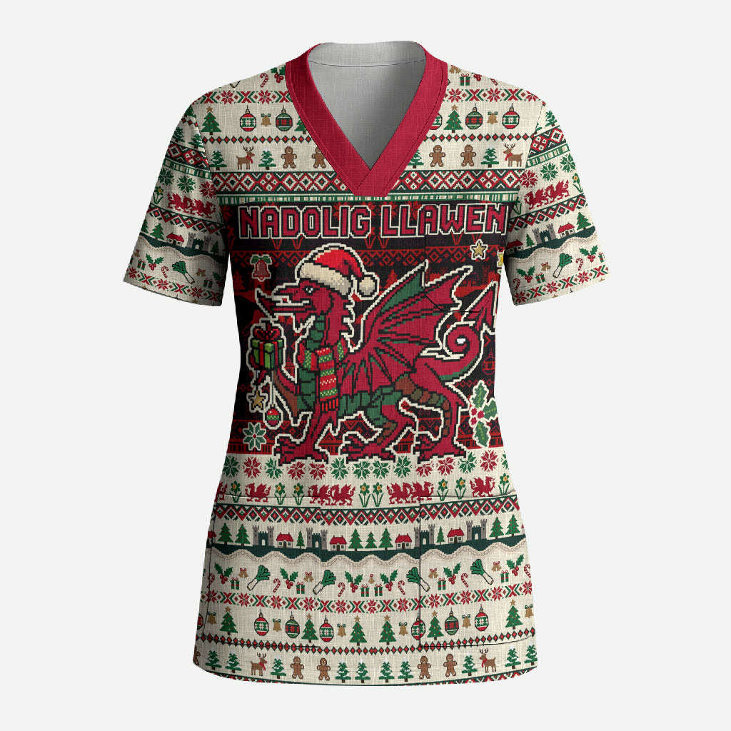 Wales Christmas Nadolig Llawen Scrub Top Welsh Dragon Flag Cymru Ugly Vintage