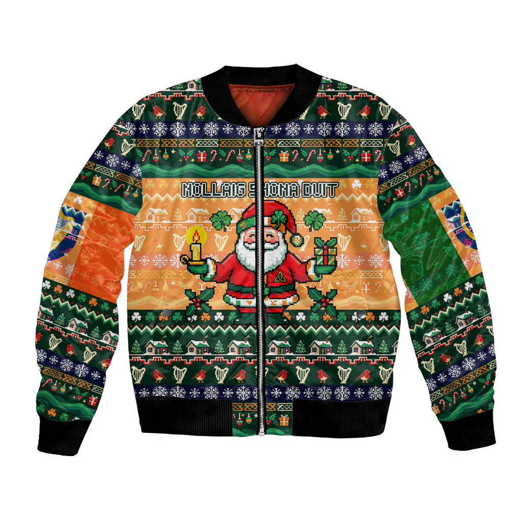Ireland Christmas Nollaig Shona Duit Bomber Jacket Irish Flag Shamrock Cottage
