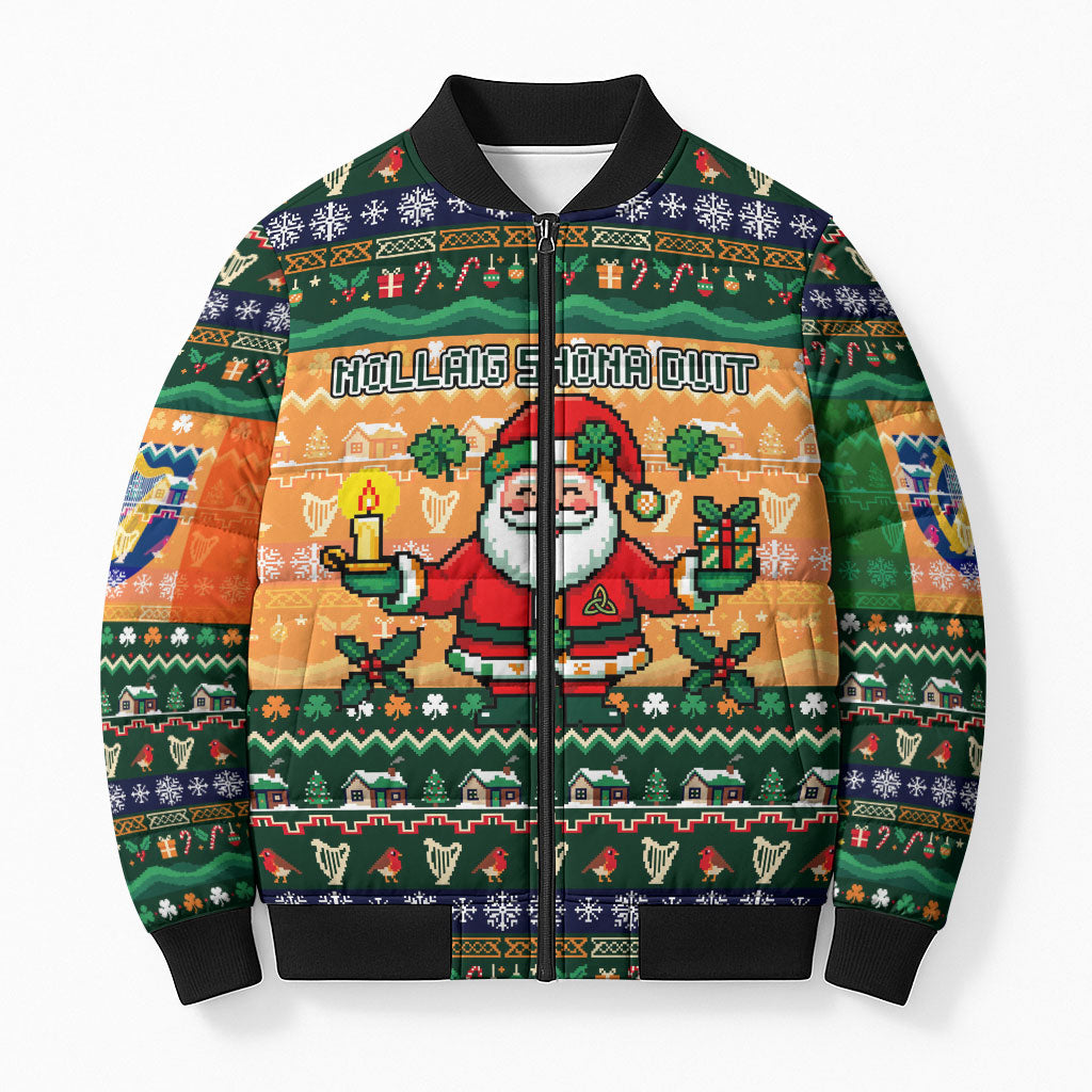 Ireland Christmas Nollaig Shona Duit Bomber Puffer Jacket Irish Flag Shamrock Cottage