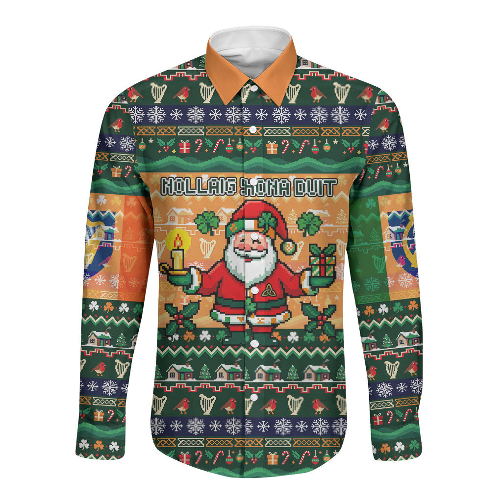 Ireland Christmas Nollaig Shona Duit Long Sleeve Button Shirt Irish Flag Shamrock Cottage