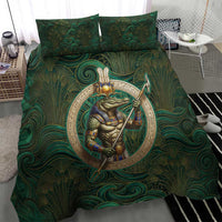 Sobek Crocodile Warrior Bedding Set with Ankh Ancient Egyptian Motif in Emerald