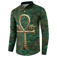 Sobek Crocodile Warrior Button Sweatshirt with Ankh Ancient Egyptian Motif in Emerald