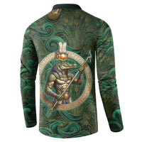 Sobek Crocodile Warrior Button Sweatshirt with Ankh Ancient Egyptian Motif in Emerald