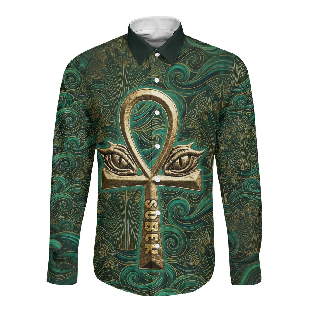 Sobek Crocodile Warrior Long Sleeve Button Shirt with Ankh Ancient Egyptian Motif in Emerald