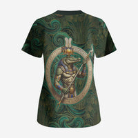 Sobek Crocodile Warrior Scrub Top with Ankh Ancient Egyptian Motif in Emerald