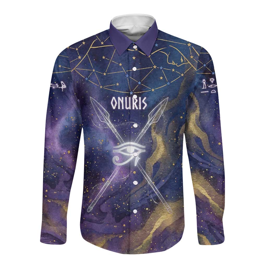 Onuris Long Sleeve Button Shirt Cosmic Warrior Egyptian God Eye of Horus Spears Starry Night