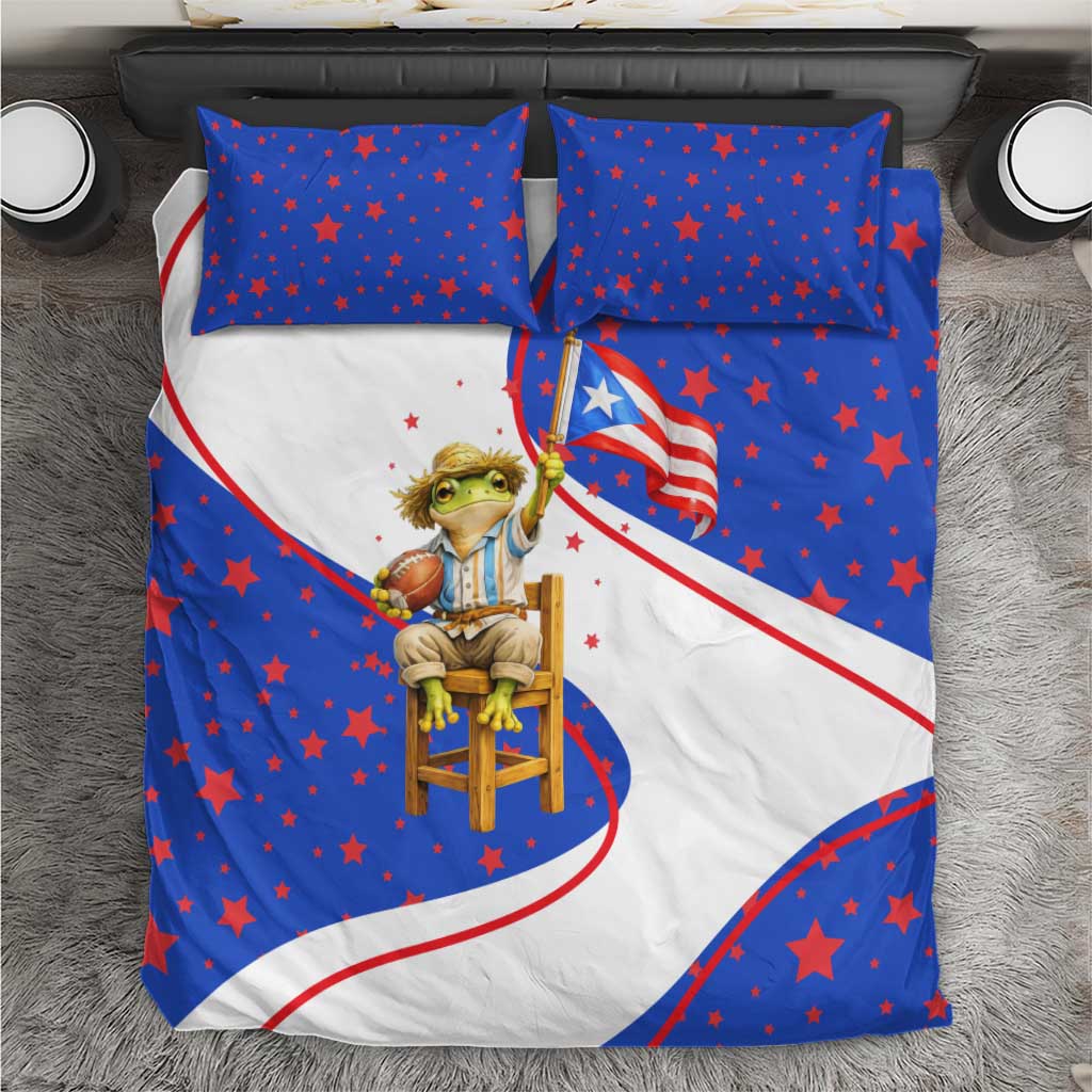 Puerto Rico Coquí Frog Football Fan Bedding Set Whimsical Cartoon Style with Patriotic Elements