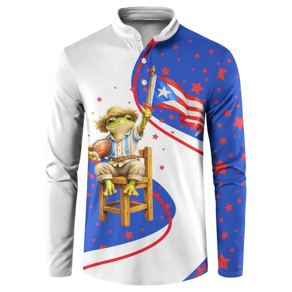 Puerto Rico Coquí Frog Football Fan Button Sweatshirt Whimsical Cartoon Style with Patriotic Elements