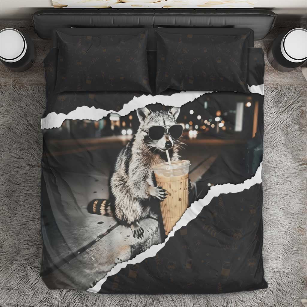 Cool Raccoon Drinking Iced Coffee Bedding Set Funny Animal Meme Urban Night Photography