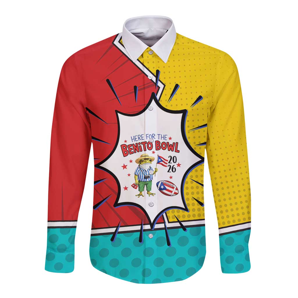 Benito Bowl Puerto Rican Frog Long Sleeve Button Shirt Playful Pop‑Culture Game Day