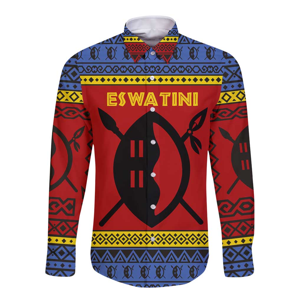 Long sleeve button shirt with multicolor shield, spear, and tribal pattern (blue/red/yellow)
