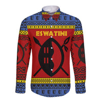 Long sleeve button shirt with multicolor shield, spear, and tribal pattern (blue/red/yellow)