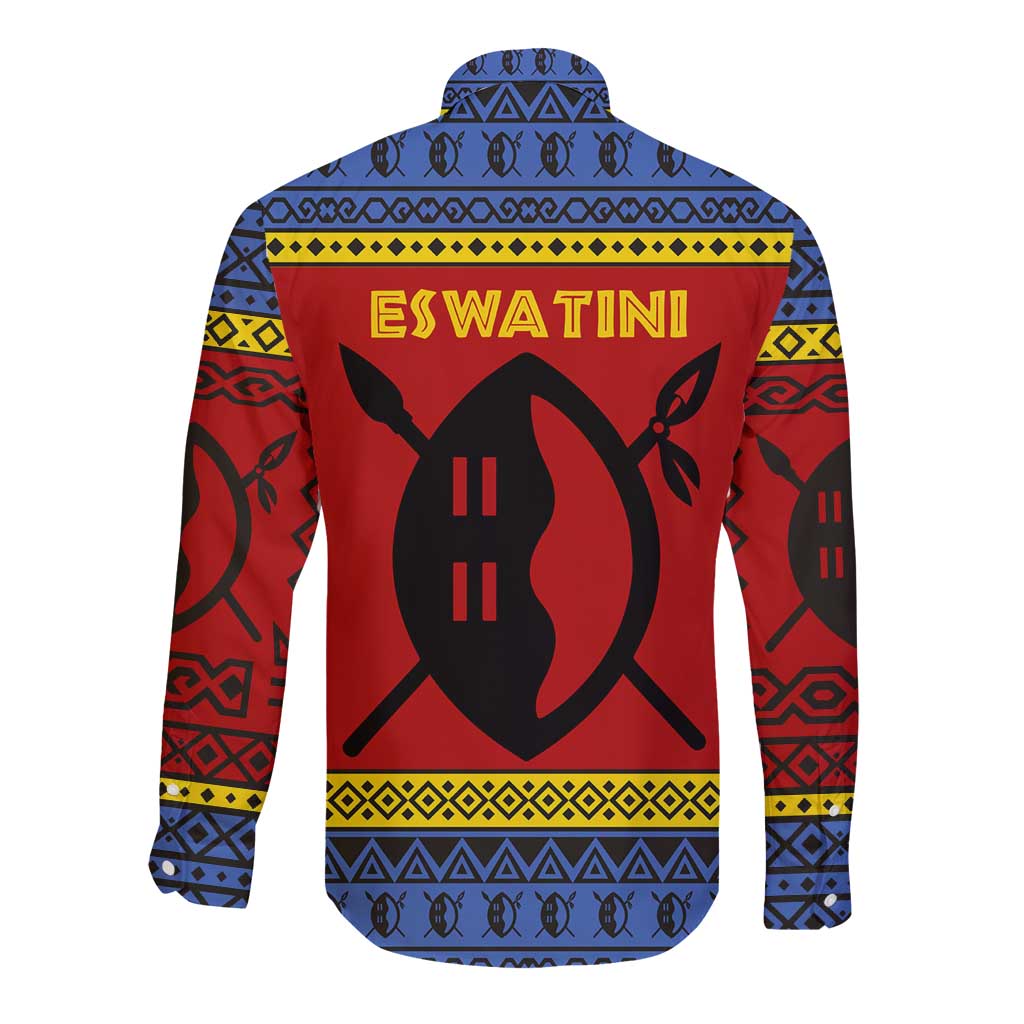 Long sleeve button shirt, back view, multicolor tribal shield spear pattern (blue/red/yellow)