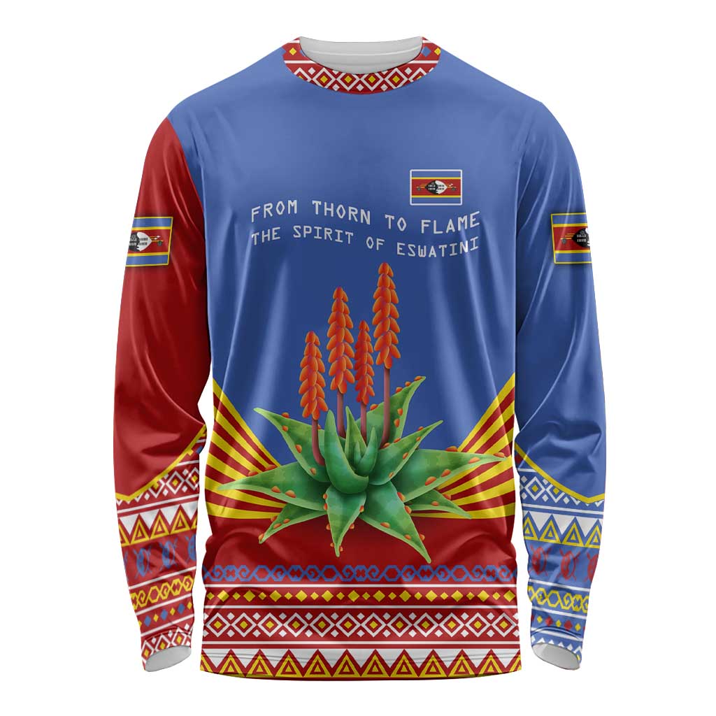 Eswatini Aloe Vera Long Sleeve Shirt with Flag Print and Cultural Motif From Thorn to Flame