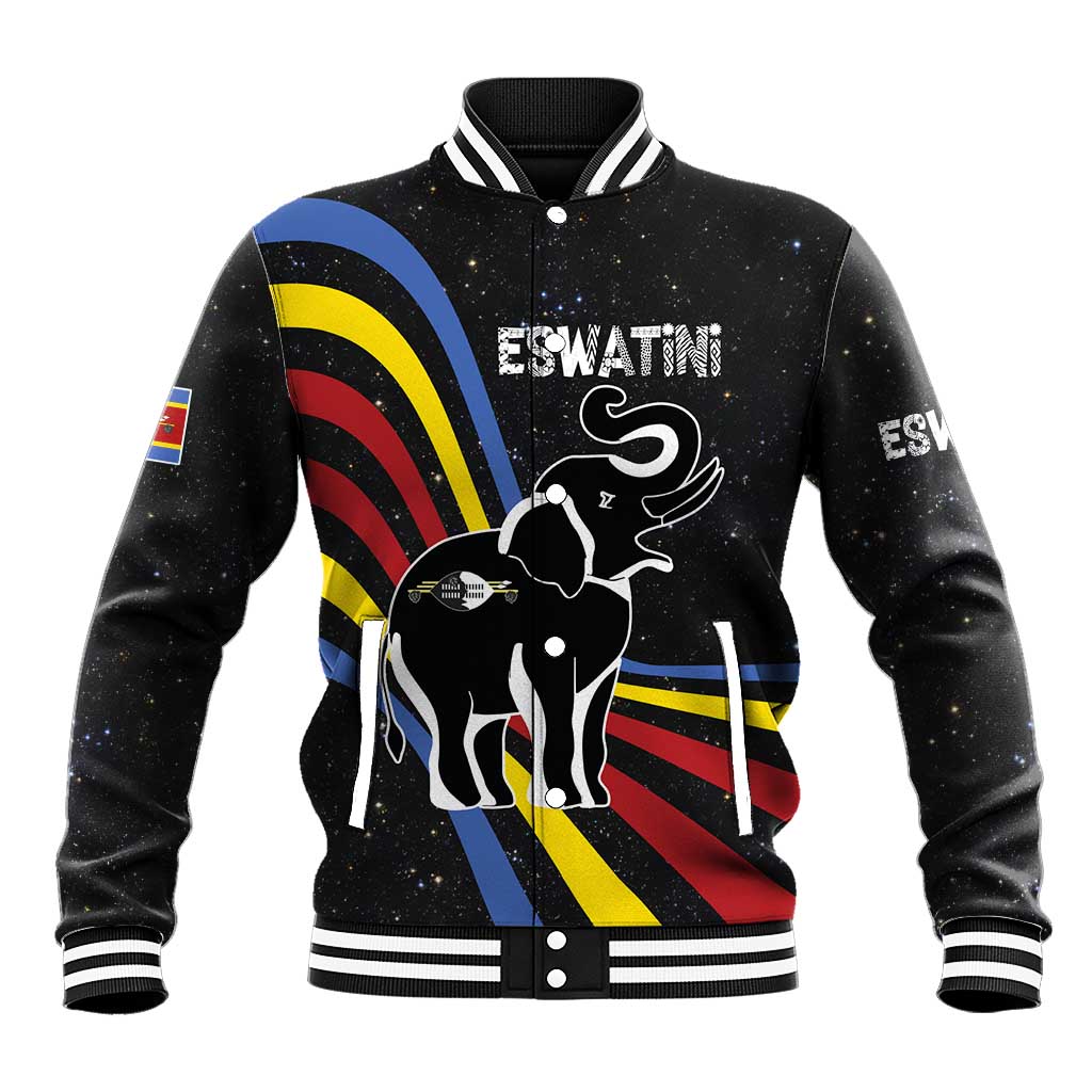 Eswatini Elephant Baseball Jacket with Cosmic Background and Swazi Flag Colors