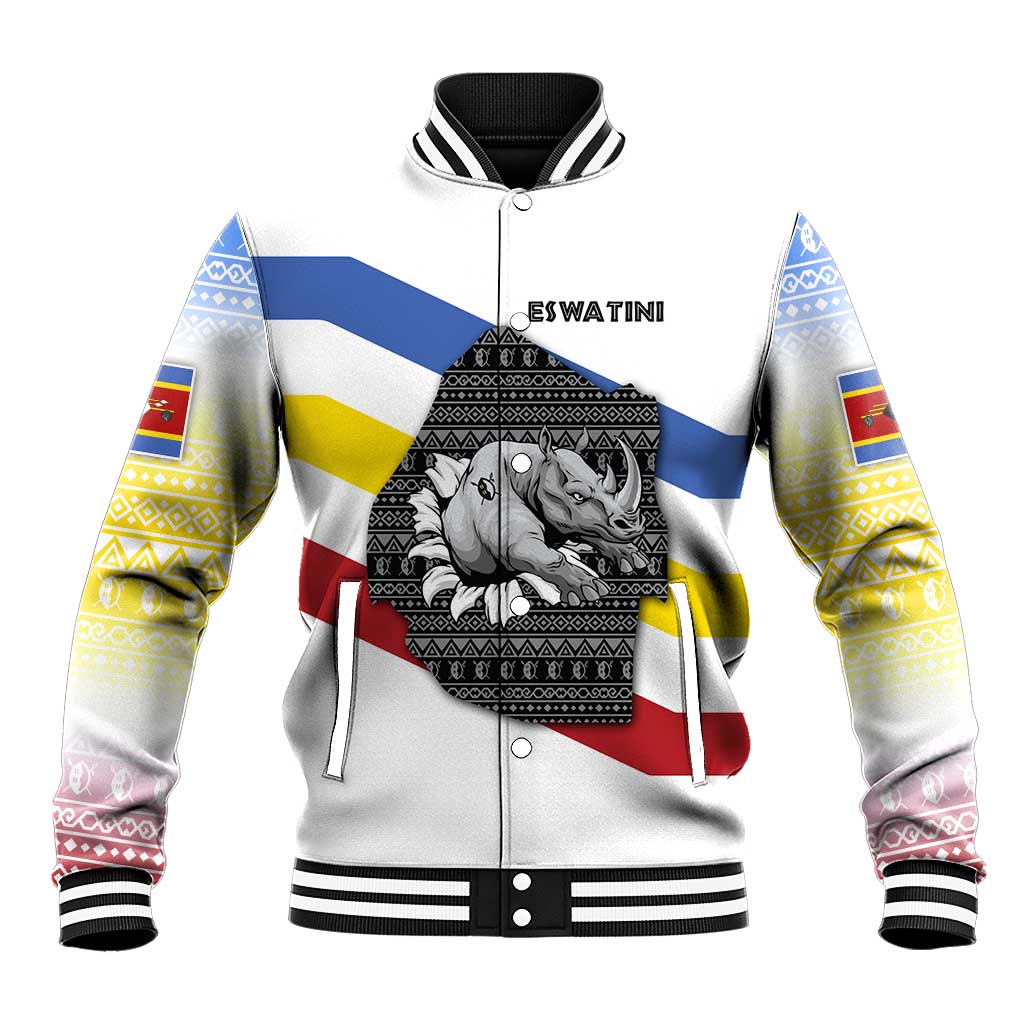 Eswatini Rhino Baseball Jacket with African Map and Traditional Swazi Flag Patterns