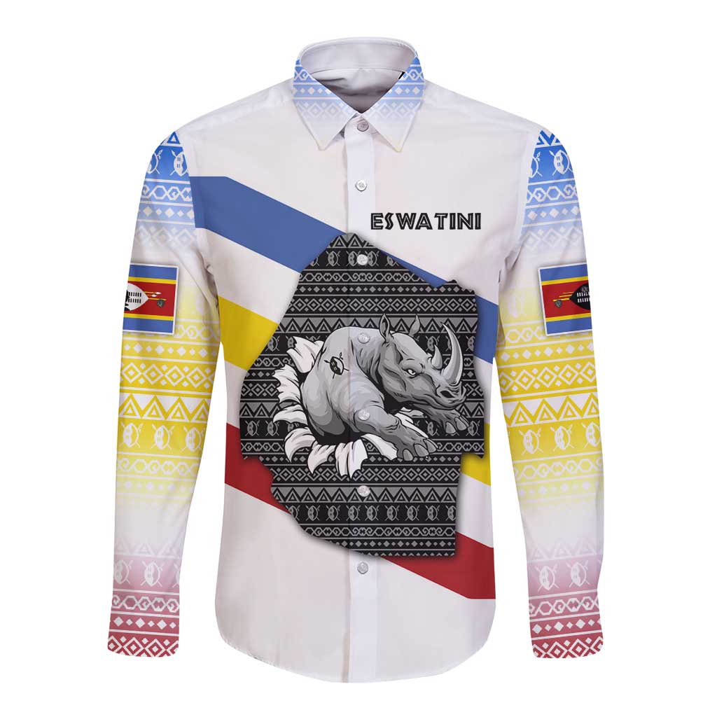 Eswatini Rhino Long Sleeve Button Shirt with African Map and Traditional Swazi Flag Patterns